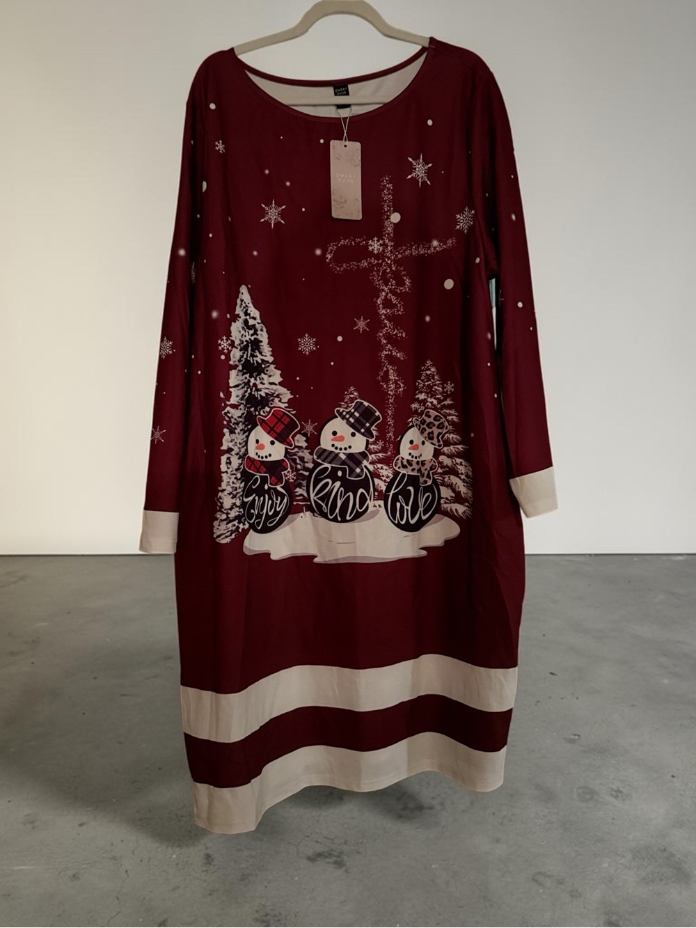 Women’s Long Sleeve Burgundy Holiday Dress with Snowman Print